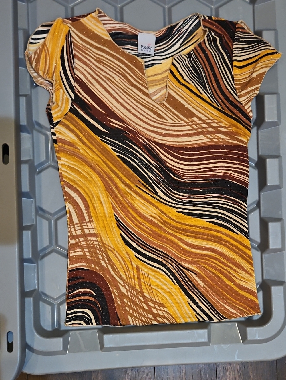 Wave-Print Cap Sleeve Top in Mustard & Brown
